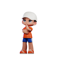 3d desenho animado Garoto dentro laranja camisa e azul calção com uma branco chapéu pensando profundamente pose png