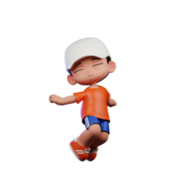 3d Cartoon Boy in Orange Shirt and Blue Shorts with a White Hat Jumping Air Pose png