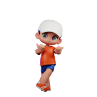 3d Cartoon Boy in Orange Shirt and Blue Shorts with a White Hat Pointing at Side Pose png