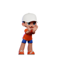 3d Cartoon Boy in Orange Shirt and Blue Shorts with a White Hat Shouting Pose png