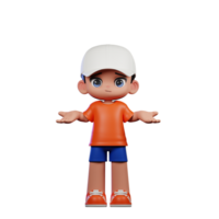3d Cartoon Boy in Orange Shirt and Blue Shorts with a White Hat Doing No Idea Pose png