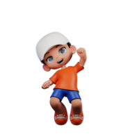 3d Cartoon Boy in Orange Shirt and Blue Shorts with a White Hat Jump Air Happy Pose png