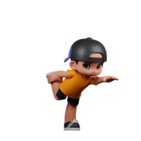 3d Cartoon Character with a Yellow Shirt and Black Shorts Standing One Leg Pose png