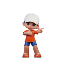 3d desenho animado Garoto dentro laranja camisa e azul calção com uma branco chapéu apontando esquerda pose png