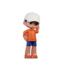 3d Cartoon Boy in Orange Shirt and Blue Shorts with a White Hat Worry Pose png