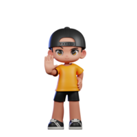 3d desenho animado personagem com uma amarelo camisa e Preto calção fazendo Pare placa pose png