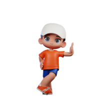 3d dessin animé garçon dans Orange chemise et bleu short avec une blanc chapeau agissant cool pose png