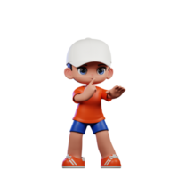 3d Cartoon Boy in Orange Shirt and Blue Shorts with a White Hat Shhttt Pose png