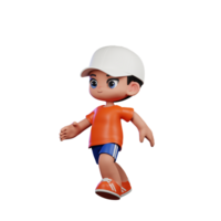 3d dibujos animados chico en naranja camisa y azul pantalones cortos con un blanco sombrero corriendo actitud png