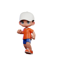 3d Cartoon Boy in Orange Shirt and Blue Shorts with a White Hat Walking Pose png