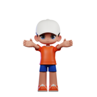 3d cartone animato ragazzo nel arancia camicia e blu pantaloncini con un' bianca cappello mostrando benvenuto posa png