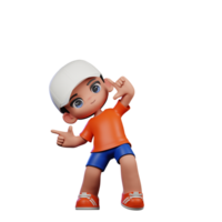 3d cartone animato ragazzo nel arancia camicia e blu pantaloncini con un' bianca cappello puntamento giusto posa png