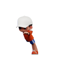 3d Cartoon Boy in Orange Shirt and Blue Shorts with a White Hat Standing One Leg Pose png