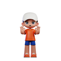 3d tekenfilm jongen in oranje overhemd en blauw shorts met een wit hoed tonen OK teken houding png