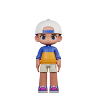 3d Cartoon Character in a Blue Shirt and White Hat Standing Cool Pose png