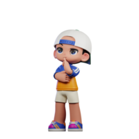 3d Cartoon Character in a Blue Shirt and White Hat Thinking Deeply Pose png