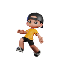3d tekenfilm karakter met een geel overhemd en zwart shorts gelukkig jumping houding png