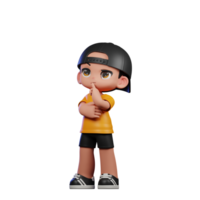3d Cartoon Character with a Yellow Shirt and Black Shorts Thinking Deeply Pose png