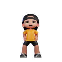 3d dibujos animados personaje con un amarillo camisa y negro pantalones cortos en pie risa actitud png