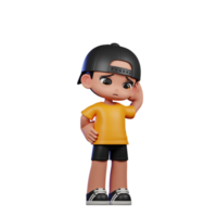 3d dibujos animados personaje con un amarillo camisa y negro pantalones cortos preocupación actitud png