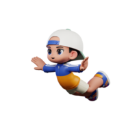 3d Cartoon Character in a Blue Shirt and White Hat Flying Pose png