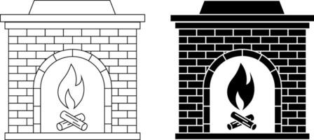 front view brick fireplace icon set vector