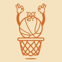 Funny cartoon character of basketball. Can be used as Sticker, posters, prints. The comic elements in trendy retro cartoon style. illustration vector