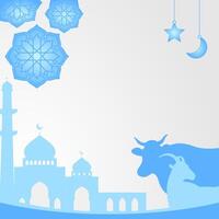 Islamic blue background for Eid al-Adha, with silhouettes of mosque, mandala, cow and goat. Poster template with empty space for text. illustration of day of sacrifice vector