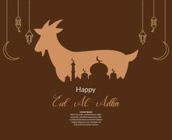 happy eid al adha background with illustration of mosque and goat sacrificial and lantern ornament vector