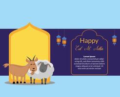 happy eid al adha background with illustration of cute animal goat and sheep sacrificial vector