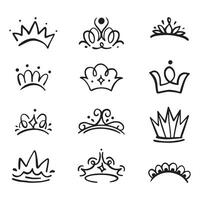 Crown Icon in Hand Drawn Doodle style isolated on white background. King crown sketches, majestic tiara, king and queen royal diadems . Line art prince and princess luxurious head accessories. vector