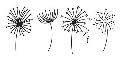 Dandelion flower silhouettes. Spring season blooming blowball flowers doodles illustration. Dandelion fluffy nature silhouette vector