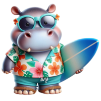 aigenerated hippo cartoon with surfboard png