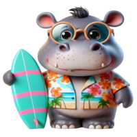 aigénéré hippopotame dessin animé avec planche de surf png