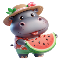 aigenerated hippo cartoon holding a watermelon png