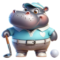 aigenerated hippo in golf shirt and cap holding a golf ball png