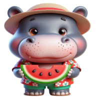 aigenerated hippo cartoon holding a watermelon png