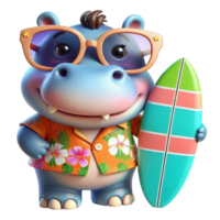 aigenerated hippo cartoon with surfboard png
