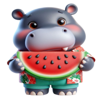 aigenerated hippo cartoon holding a watermelon png