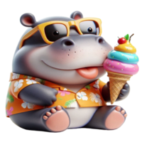 aigenerated hippo in sunglasses and hat holding ice cream cones png