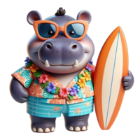 aigerado hipopótamo desenho animado com prancha de surfe png