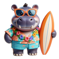 aigenerated hippo cartoon with surfboard png