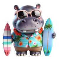 aigerado hipopótamo desenho animado com prancha de surfe png