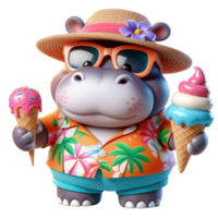 aigenerated hippo in sunglasses and hat holding ice cream cones png