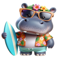 aigenerated hippo cartoon with surfboard png