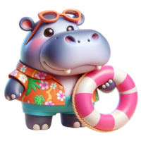 aigenerated hippo in a hat and swimsuit holding a life ring png