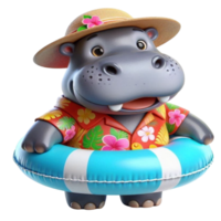 aigenerated hippo in a hat and swimsuit holding a life ring png