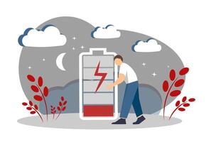 A man and a battery. The concept of the importance of good sleep. Fatigue. Insomnia vector