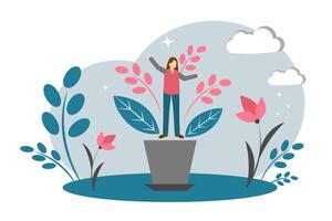 The concept of personal growth. Woman in a flower pot. Personality development vector