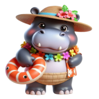 aigenerated hippo in a hat and swimsuit holding a life ring png